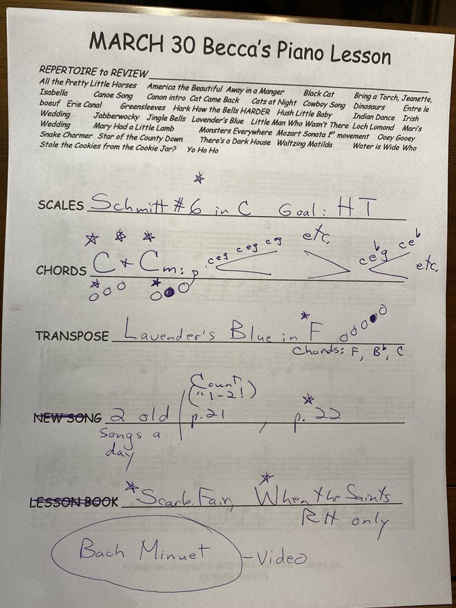 A student's lesson sheet with weekly assignments