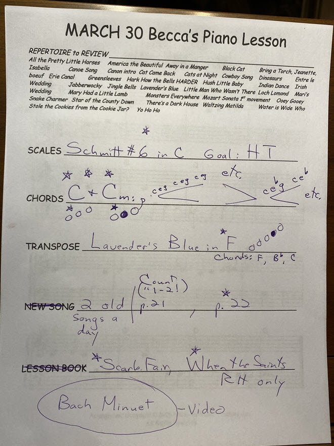 A student's lesson sheet with weekly assignments