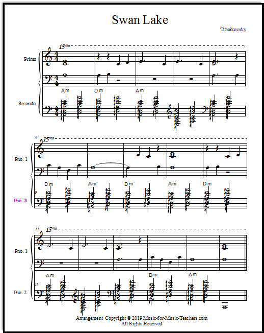 Swan Lake piano duet for early beginner (primo) and intermediate to advanced (secondo) players.