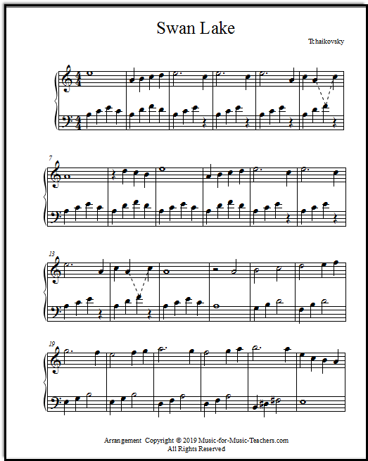 Swan Lake theme, for intermediate or late elementary piano, with broken chords and inversions.