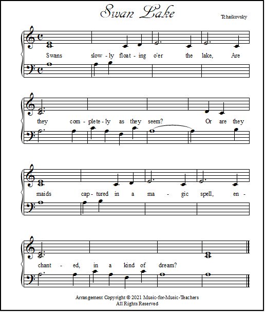 Sheet music Swan Lake with lyrics for beginning piano