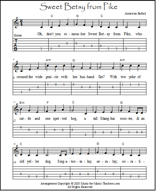 Key of C version of Sweet Betsy From Pike for beginner guitar