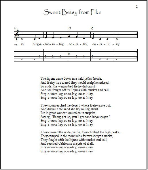 Page 2 of the key of C Sweet Betsy guitar arrangement