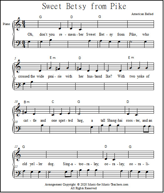 Beginner piano arrangement of Sweet Betsy from Pike with lyrics and chords