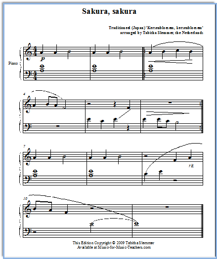 Sakura, the Japanese song about cherry blossoms, arranged for piano.  Very pretty.