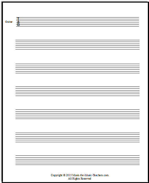 Guitar tablature paper with no measure lines, small