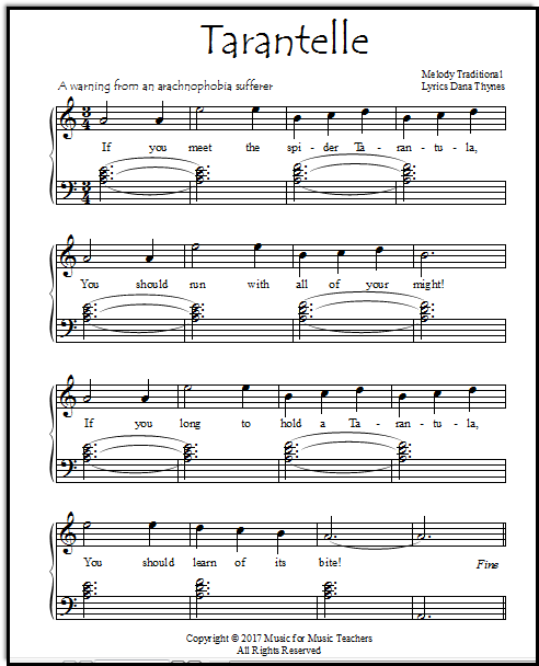 Tarantelle, an early piano song about tarantulas.  In a minor key, fun to play.