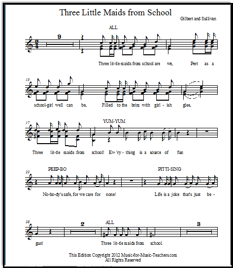 Three Little Maids from School vocal trio for soprano voices, FREE!  Download this charming Gilbert and Sullivan music from The Mikado for your vocal students.