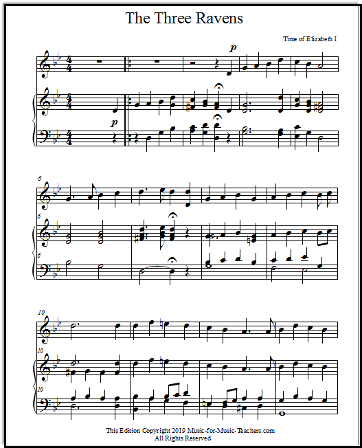 There Were Three Ravens Sat On a Tree, vocal line plus piano accompaniment in the key of G minor.