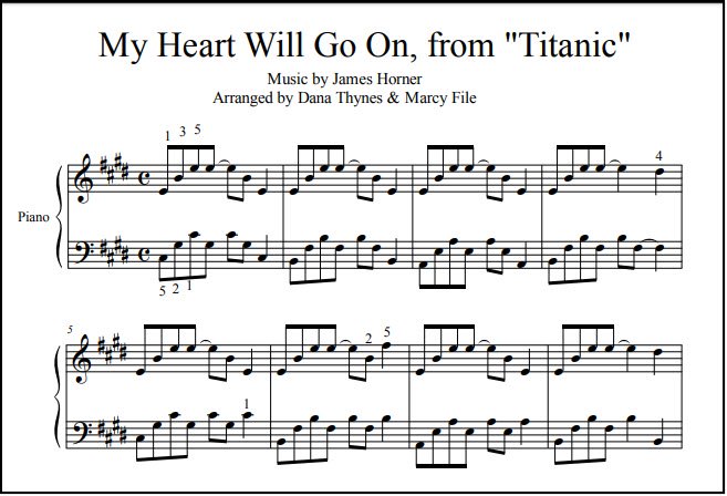 Piano sheet music "My Heart Will Go On" from "Titanic" the movie