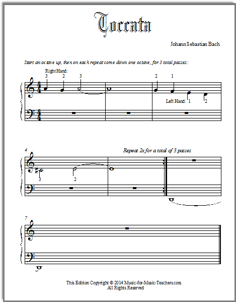 Simple piano version of Bach Toccata in Dm, for young beginners