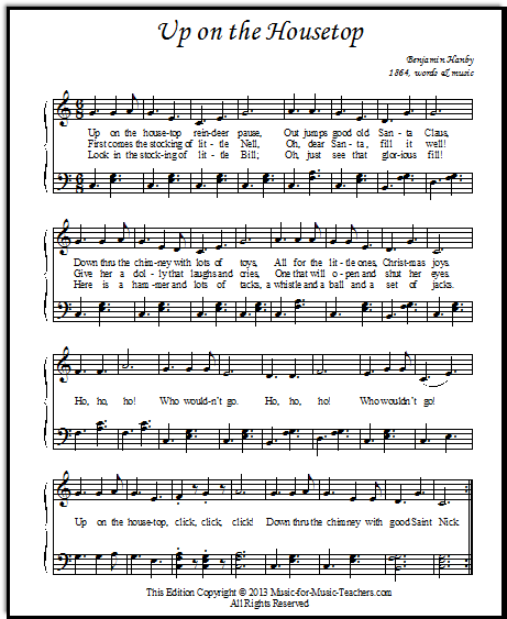 Up On the Housetop free Christmas sheet music for piano, with left hand root chords and chord inversions - late elementary level