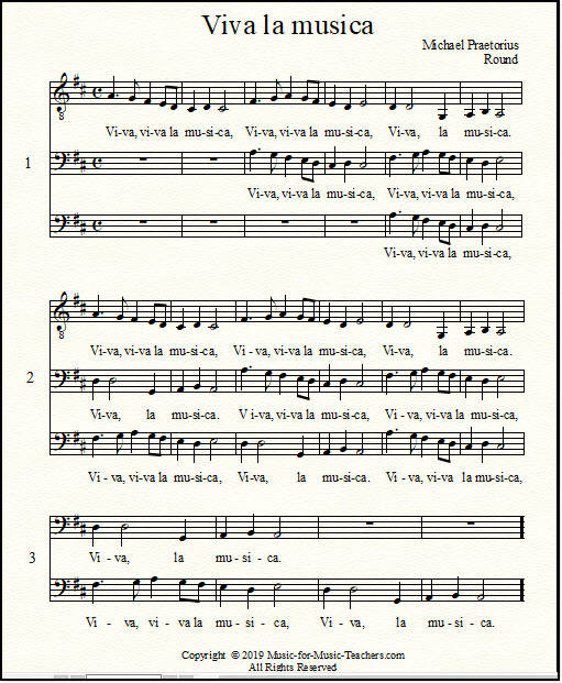 Viva la musica singing round in the key of D sheet music for lower voices, with bass clef