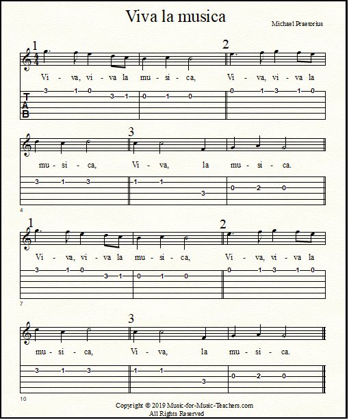Viva la musica singing round in the key of C, for guitar, with guitar tabs