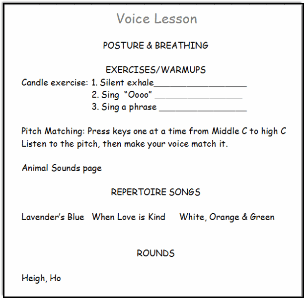 Lesson sheet for possible first singing lesson