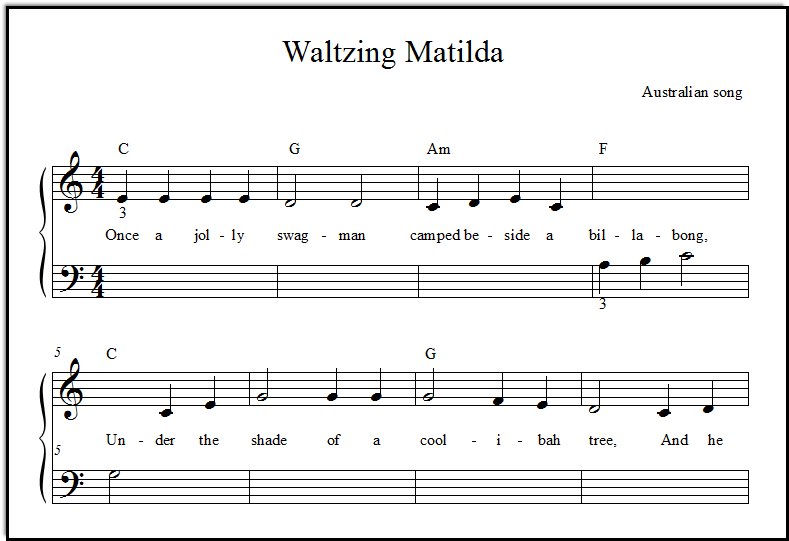 A closeup look at the Middle-C arrangement for beginning piano of Waltzing Matilda