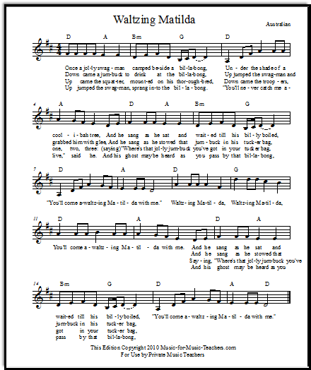 Waltzing Matilda sheet music lead sheet, key of D