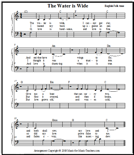 Easy piano song The Water is Wide without eighth notes