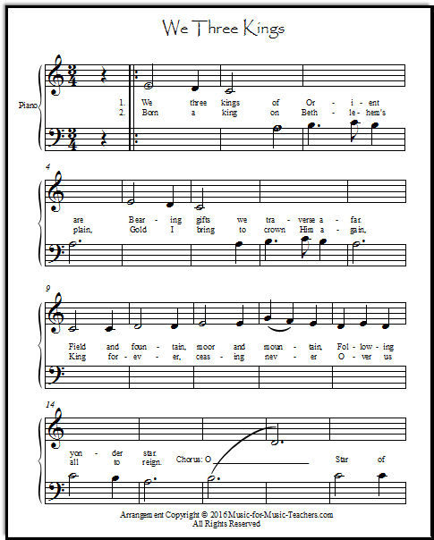 We Three Kings for beginning note readers, set at Middle C position on the piano.  A few "helper" notes - notes with letters inside the heads.