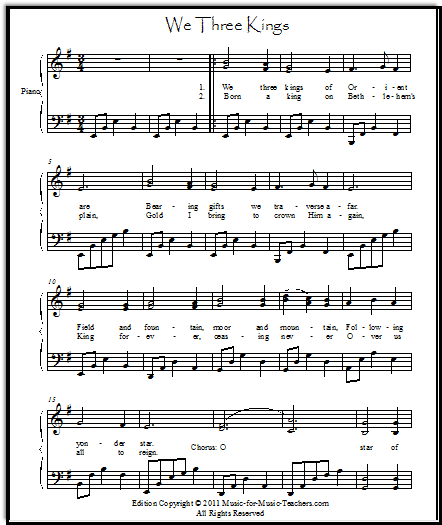 Free Christmas Sheet Music We Three Kings arranged for intermediate piano, with long chords in the left hand