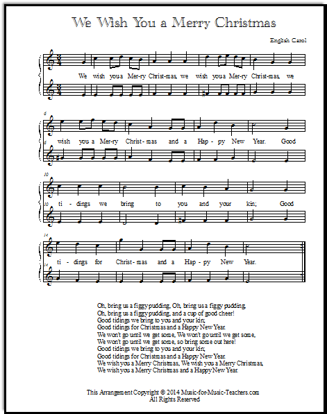 Duet arrangement for singers or instruments of We Wish You a Merry Christmas