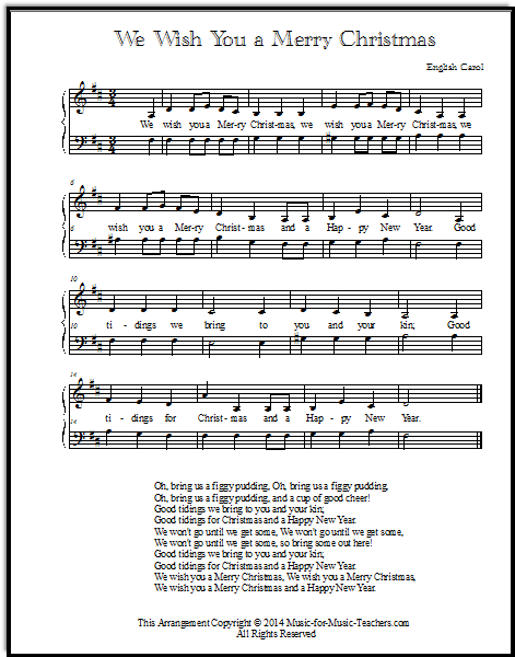Duet arrangement for voice or instruments of We Wish You a Merry Christmas, in multiple keys