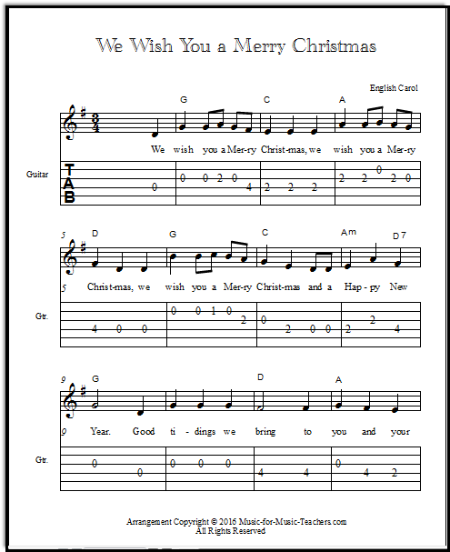 We Wish You a Merry Christmas chords for guitar, with tabs in the key of G.  Easy chords.
