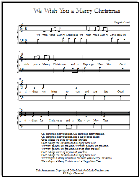 We Wish You a Merry Christmas beginner piano sheet music for kids, set at Middle C position for the two hands to share the melody