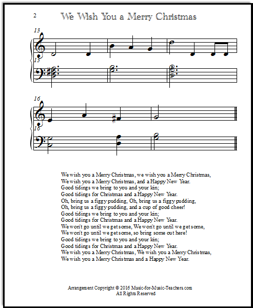 Easy-to-read piano solo We Wish You a Merry Christmas, with all the lyrics.
