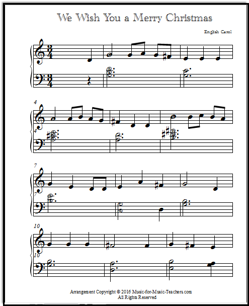 We Wish You a Merry Christmas, a late elementary arrangement for piano, with a few lettered notes