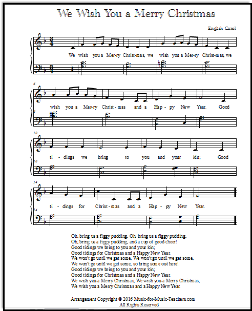 Piano solo We Wish You a Merry Christmas, arranged for late elementary or early intermediate students, in the keys of F and G.