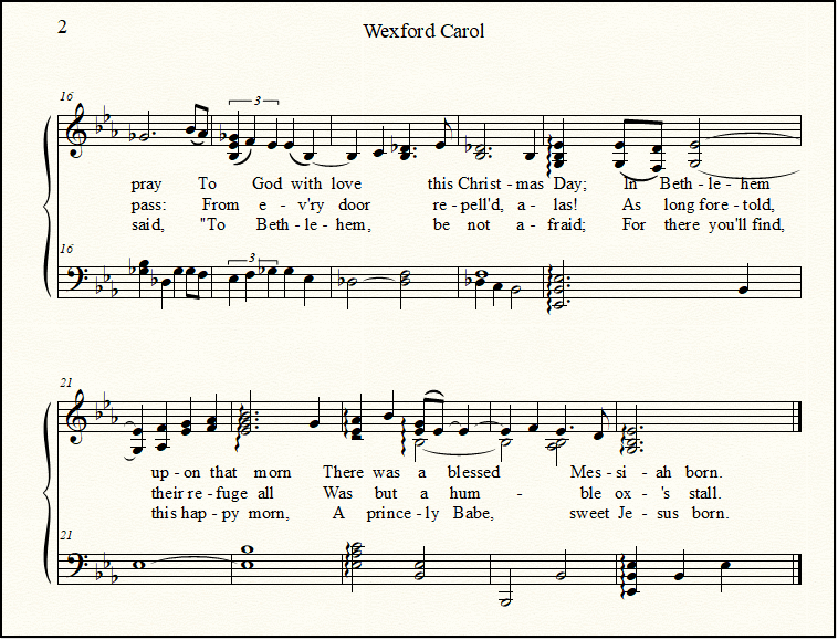 Closeup look at page two of the Wexford Carol, from Ireland, arranged for piano and voice.