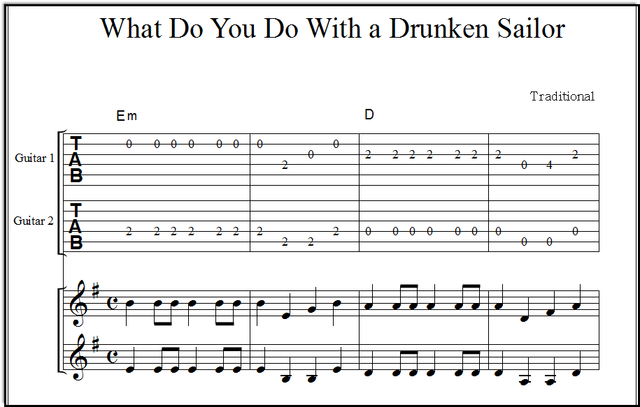 A close-up look at page one of the flat-picking duet "What Do You Do With a Drunken Sailor," for guitar