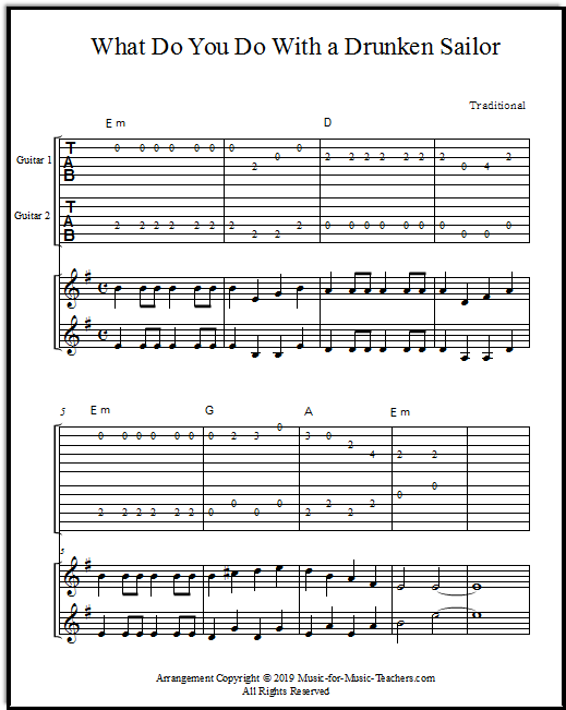 Guitar duet for flat-picking: What Do You Do With a Drunken Sailor, page 1