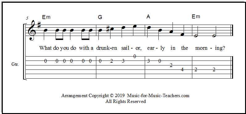 Close-up look at the ending of What Do You Do with a Drunken Sailor, for guitar, with chords and tablature