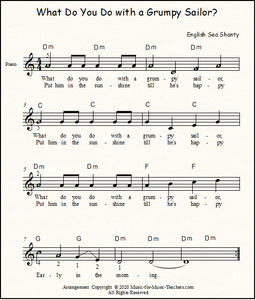 Lead sheet for early piano students of What Do You Do With a Grumpy Sailor