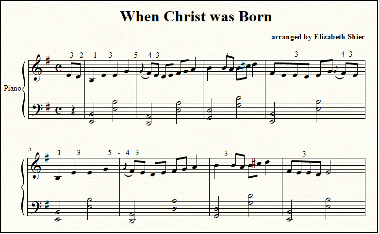Closeup look at Christmas music for piano "When Christ was Born", showing plain open fifth chords in left hand.