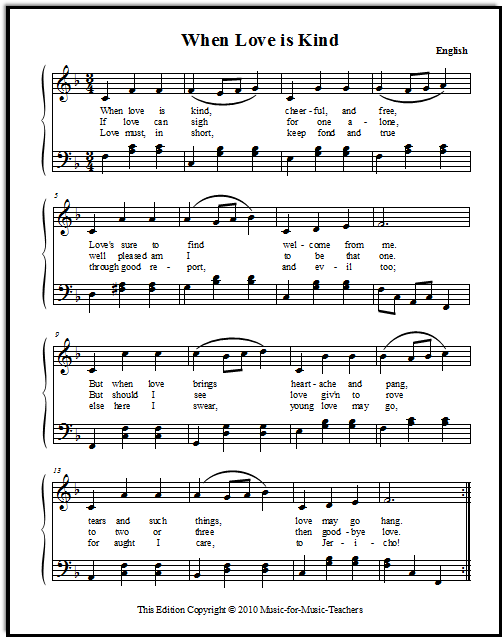 When Love is Kind, an old English song, shown in the key of F.