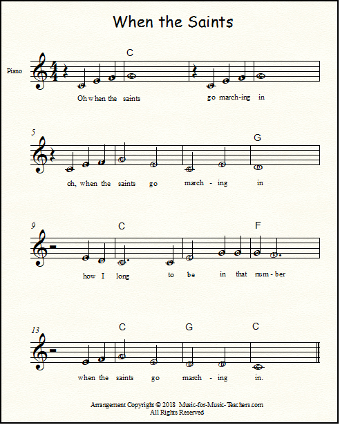 When the Saints Go Marching In with letters in the notes for beginners