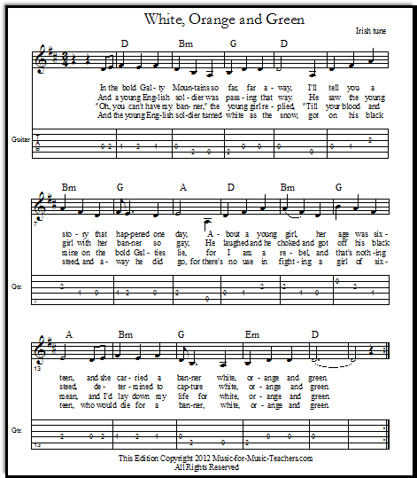 Melody and guitar tablature for "White, Orange, and Green," a pretty traditional Irish tune