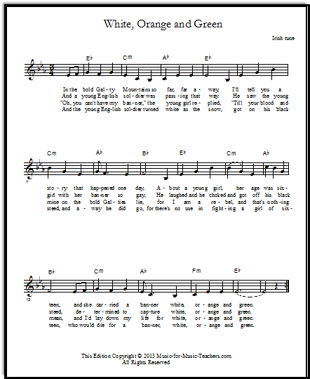 Lead sheet free Irish sheet music White Orange and Green