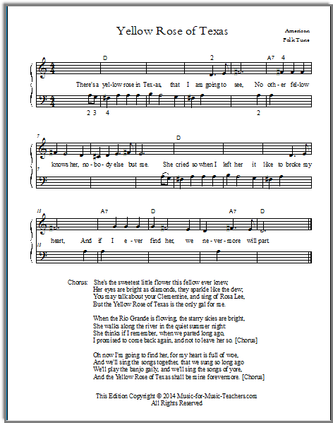Free piano sheets for beginners Yellow Rose of Texas
